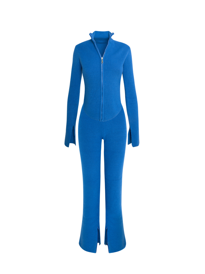 Bleu - Ensemble pantalon tricoté à ourlet fendu « Automne », pull court à double fermeture éclair et ensemble de vêtements d'intérieur brassière