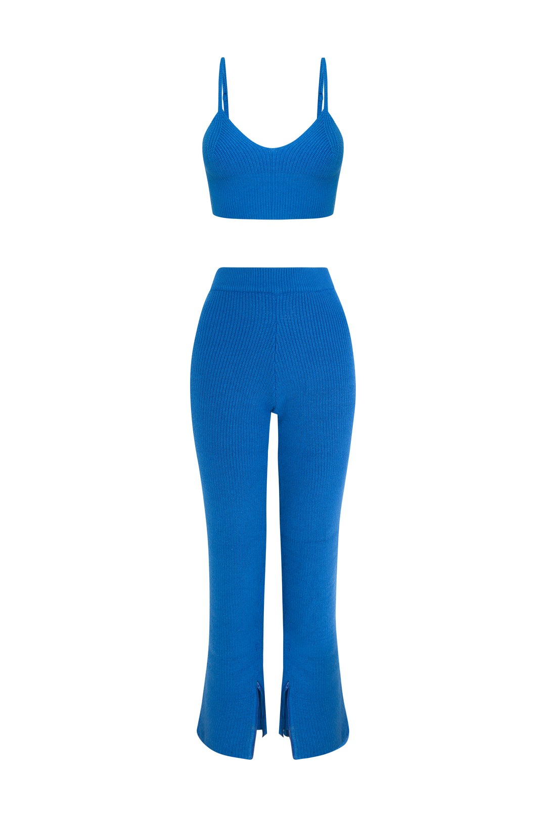 Azul - Conjunto de ropa de estar por casa con pantalón de punto con dobladillo dividido “Otoño”, jersey corto con doble cremallera y bralet