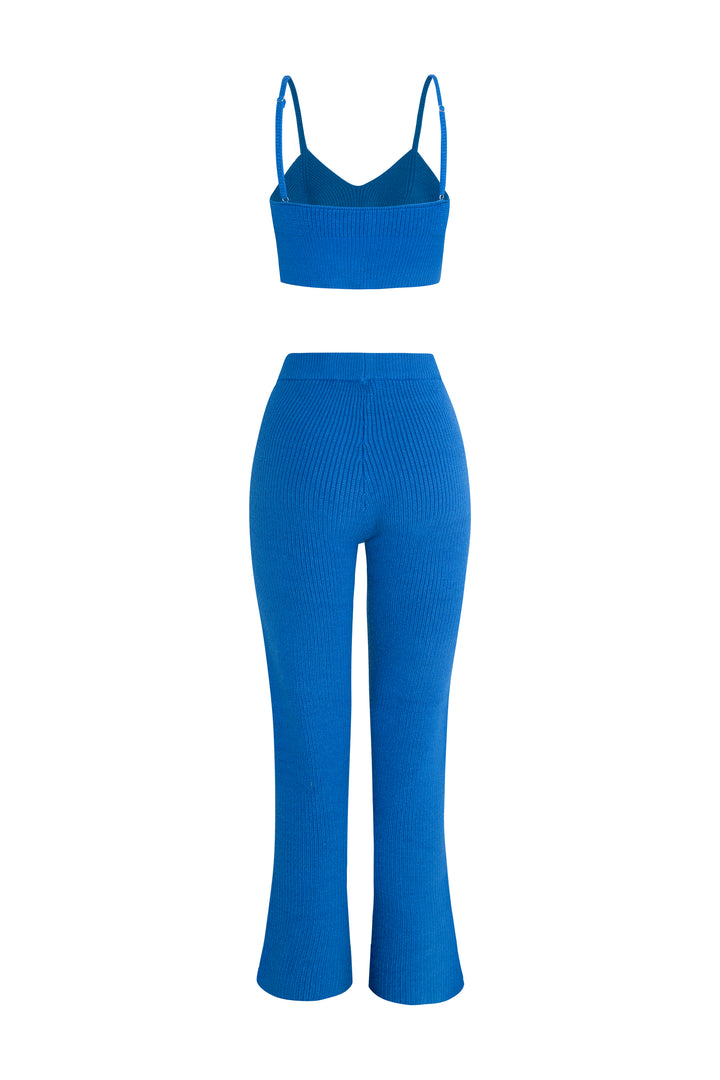 Blue - “Fall” Knitted Split Hem Trouser, Double Zip Cropped Jumper & Bralet Loungewear Set