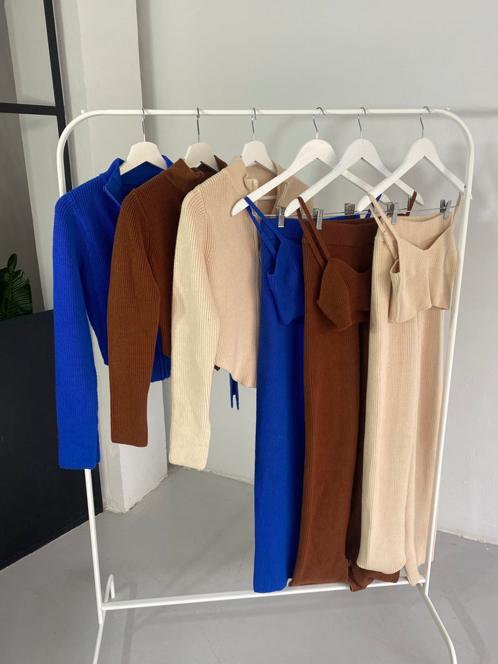 “Fall” Knitted Split Hem Trouser, Double Zip Cropped Jumper & Bralet Loungewear Set
